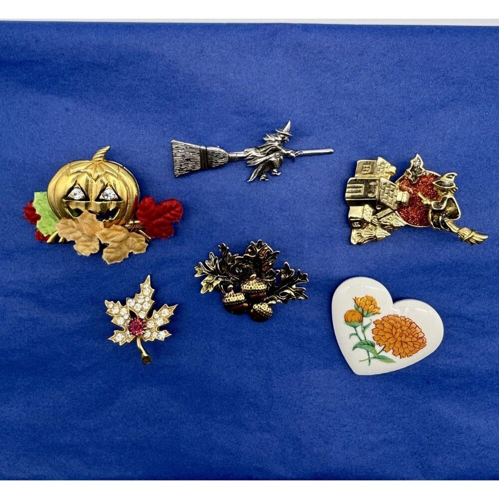 Lot of Six Vintage Brooches Pins Halloween Autumn October Avon, SFJ and Unmarked